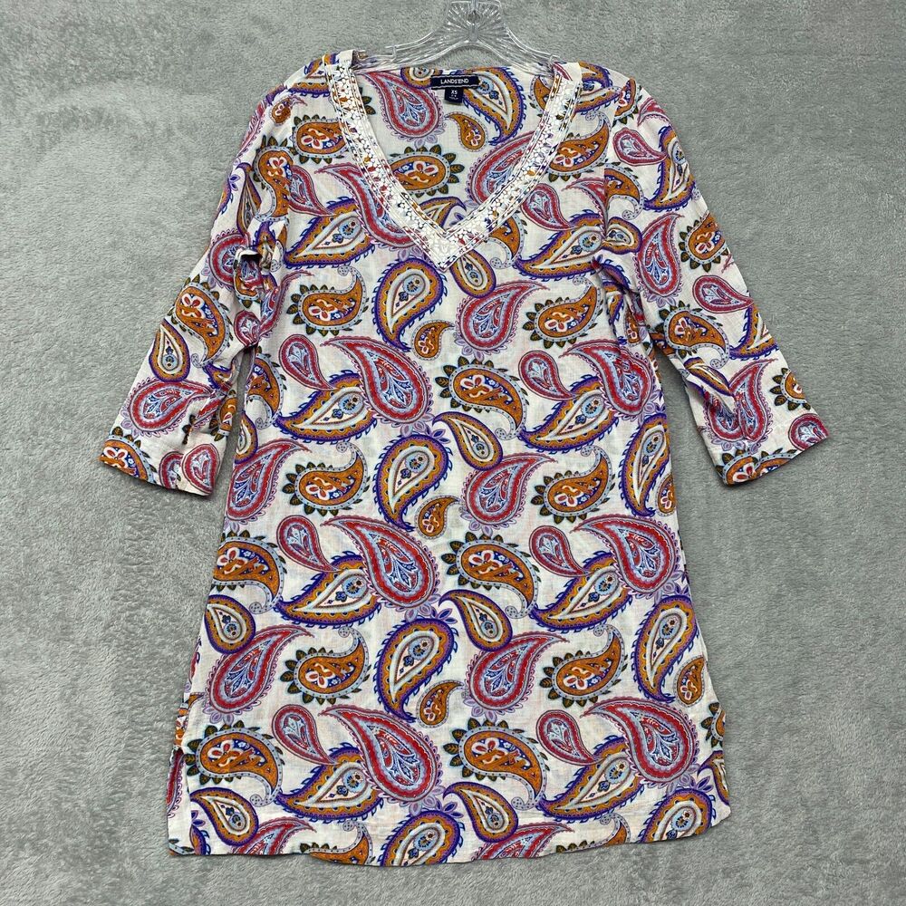 Lands End Dress Womens Extra Small Pullover V Neck Embroidered Paisley Cotton